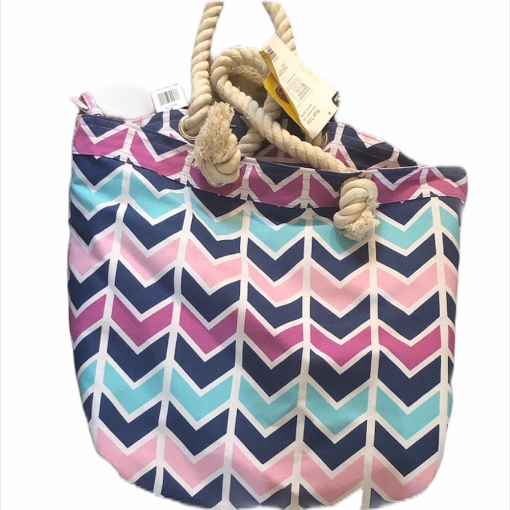 NWT Nautical Chevron Rope Handle Canvas Beach Tote Bag - Multi-Color - Picture 1 of 7